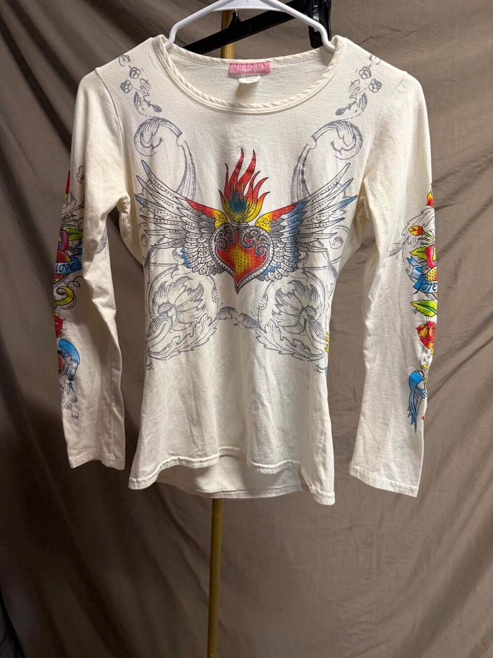 Dream Girl Women's Tattoo Print Long Sleeve Graphic Tee with Heart and Rose Deta